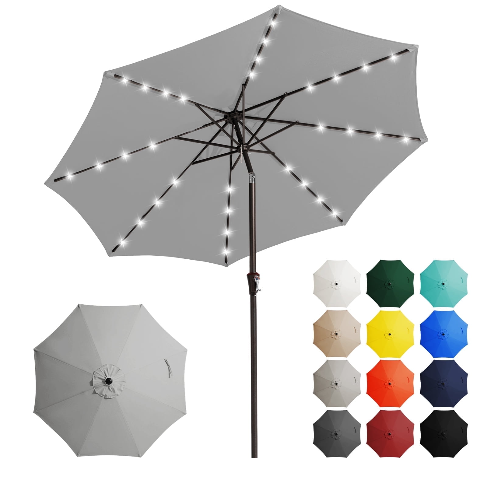 JUSTLET 9' Outdoor Patio Market Solar Umbrella w/ LED Lights in Gray
