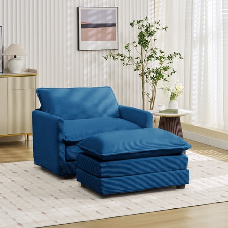 JUSTLET Accent Chair with Ottoman, Comfy Corduroy Sofa Chair with Large Seat and Armrests, Modern Armchair Reading Chairs for Living Room Bedroom, Navy