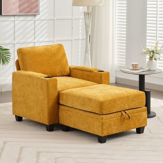 JUSTLET Accent Chair with Storage Ottoman, Upholstered Armchair Single Sofa with Storage Space for Living Room Home Bedroom Office Reading Room, Yellow