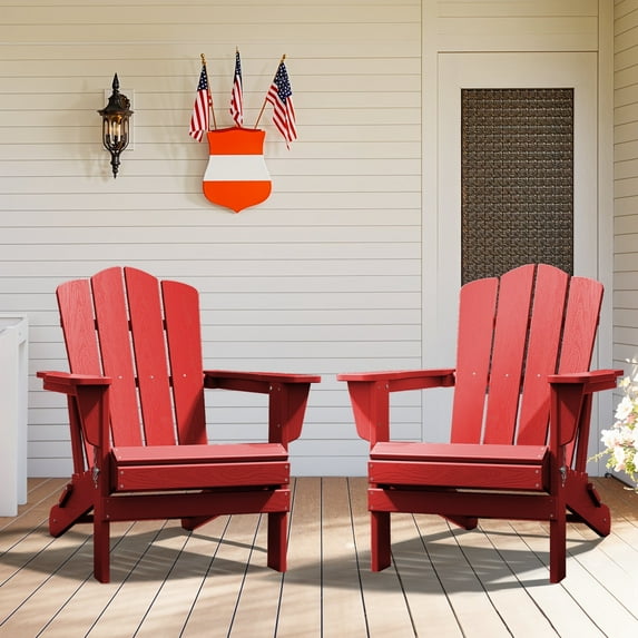 JUSTLET Adirondack Chair, 2PC Plastic Folding Outdoor Patio Chairs, Outside HDPE Chairs for Lawn, Yard, Dark Red