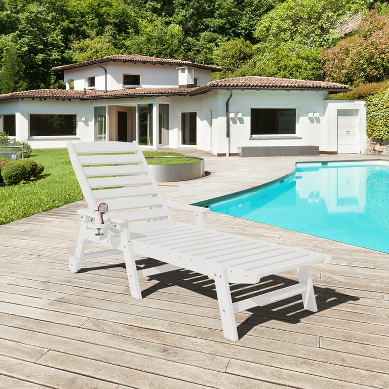 JUSTLET Adjustable Wheeled HDPE Plastic Outdoor Patio Lounge Chair W Cup Holder 78.3 x25.1 x16.3
