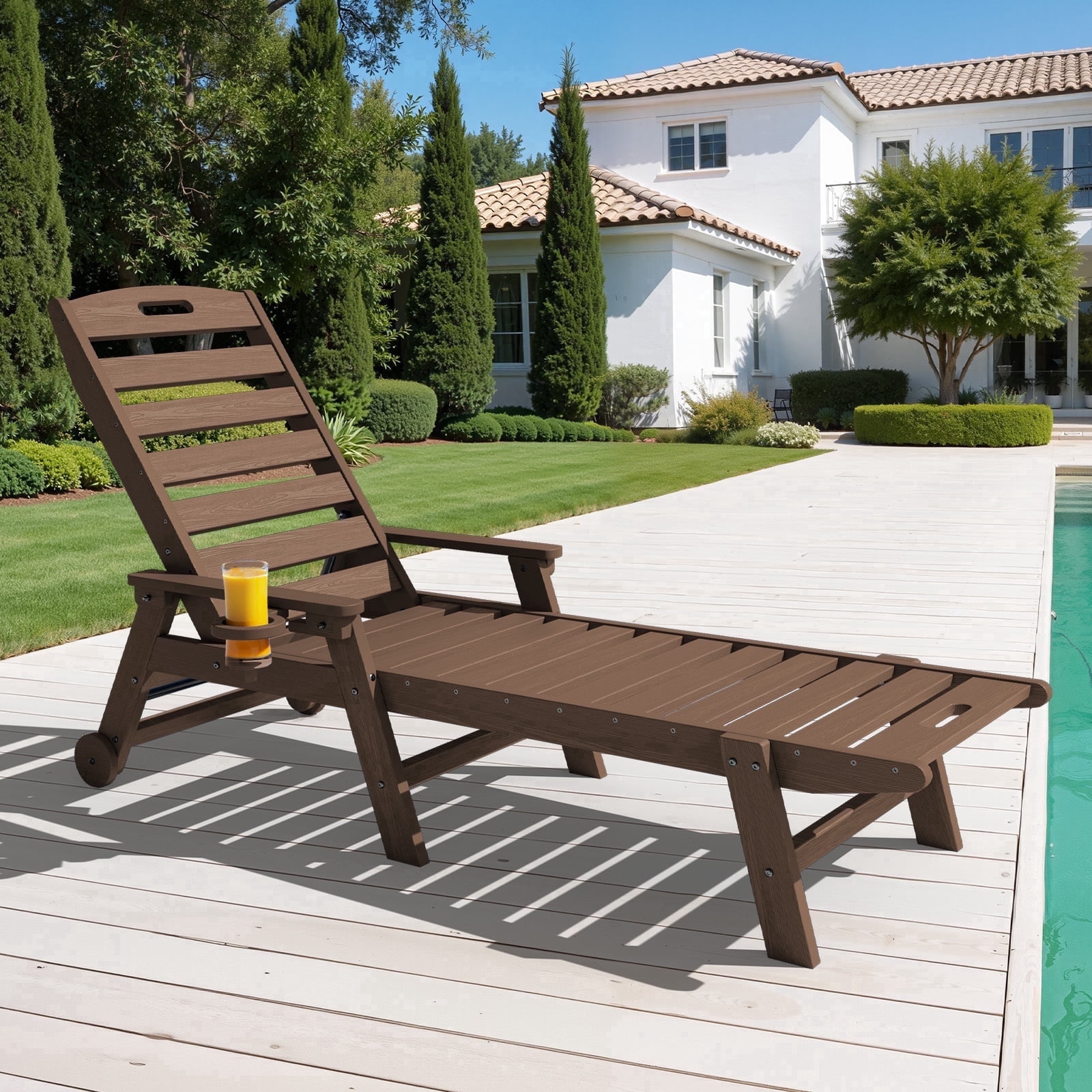 LOYALICE Adjustable Wheeled HDPE Plastic Outdoor Patio Lounge Chair W/ Cup Holder,78.3"x25.1"x16.3", Brown