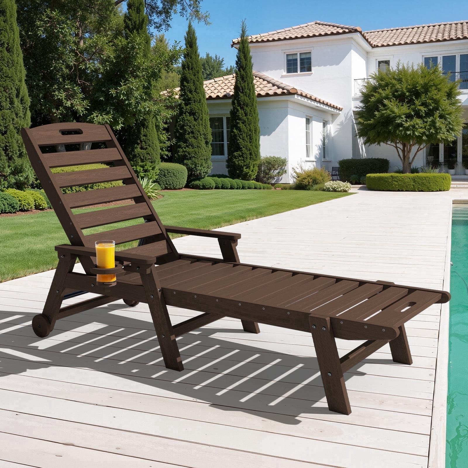 LOYALICE Adjustable Wheeled HDPE Plastic Outdoor Patio Lounge Chair W/ Cup Holder,78.3"x25.1"x16.3", Coffee