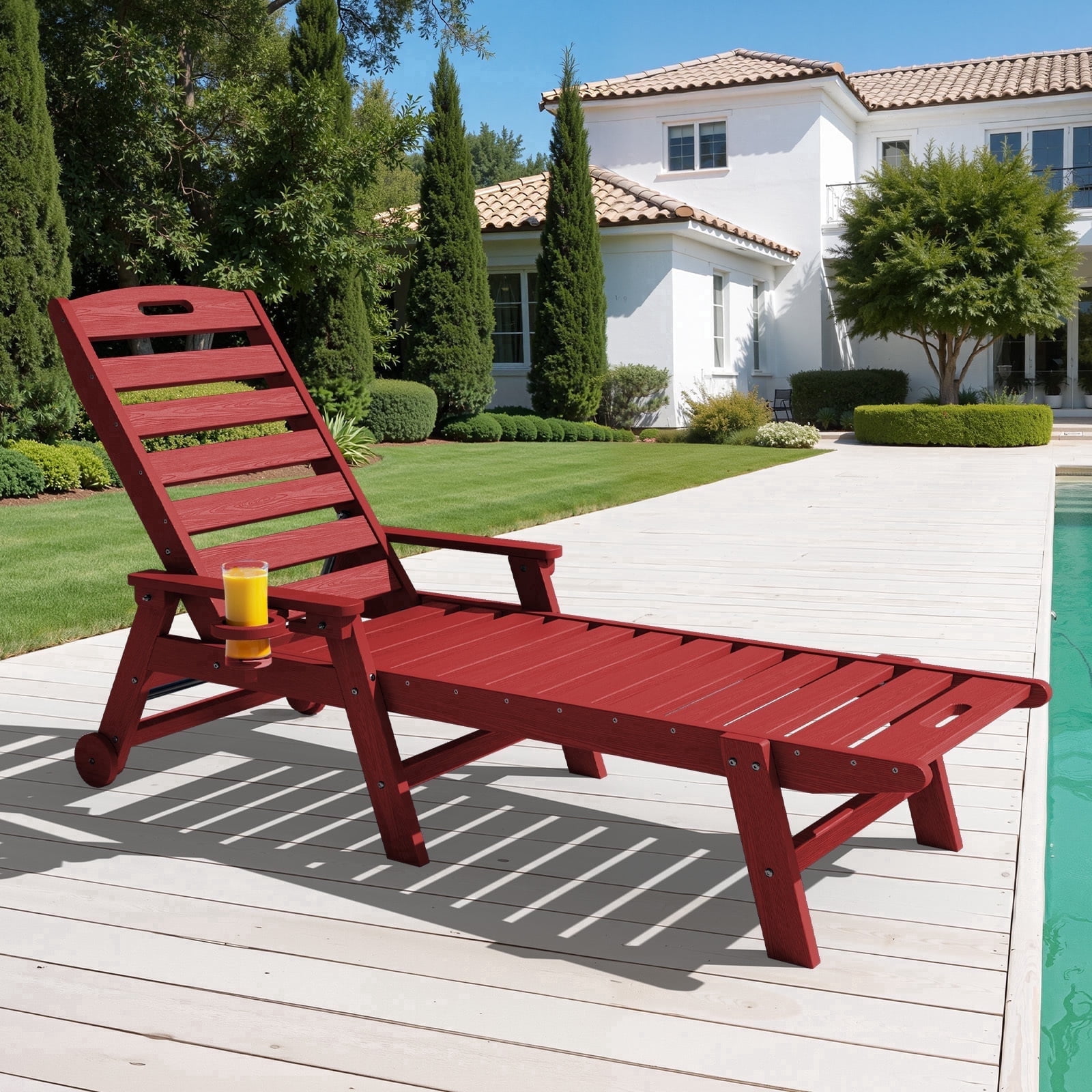 LOYALICE Adjustable Wheeled HDPE Plastic Outdoor Patio Lounge Chair W/ Cup Holder,78.3"x25.1"x16.3", Dark Red
