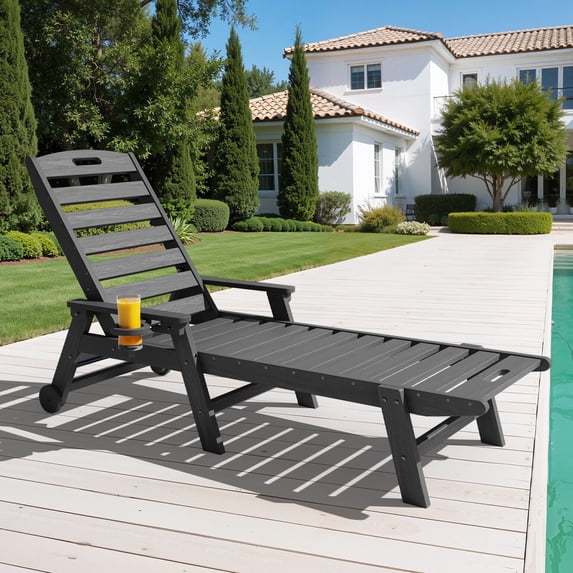 LOYALICE Adjustable Wheeled HDPE Plastic Outdoor Patio Lounge Chair W/ Cup Holder,78.3"x25.1"x16.3", Lemon Yellow