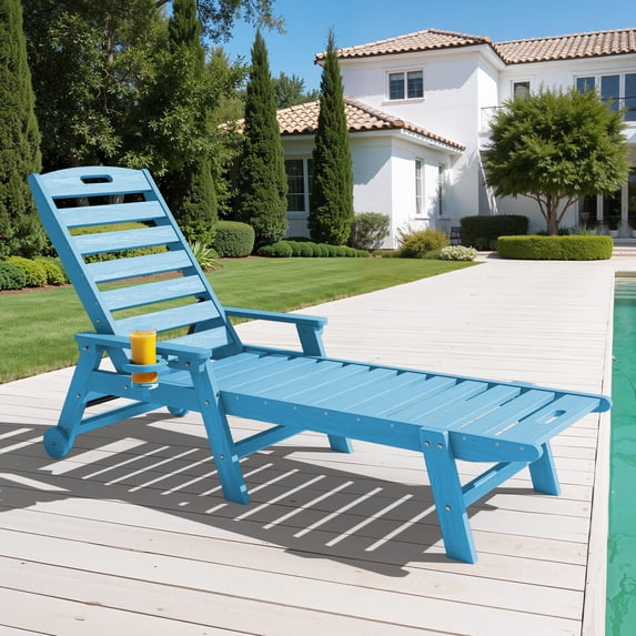 LOYALICE Adjustable Wheeled HDPE Plastic Outdoor Patio Lounge Chair W/ Cup Holder,78.3"x25.1"x16.3", Light Blue