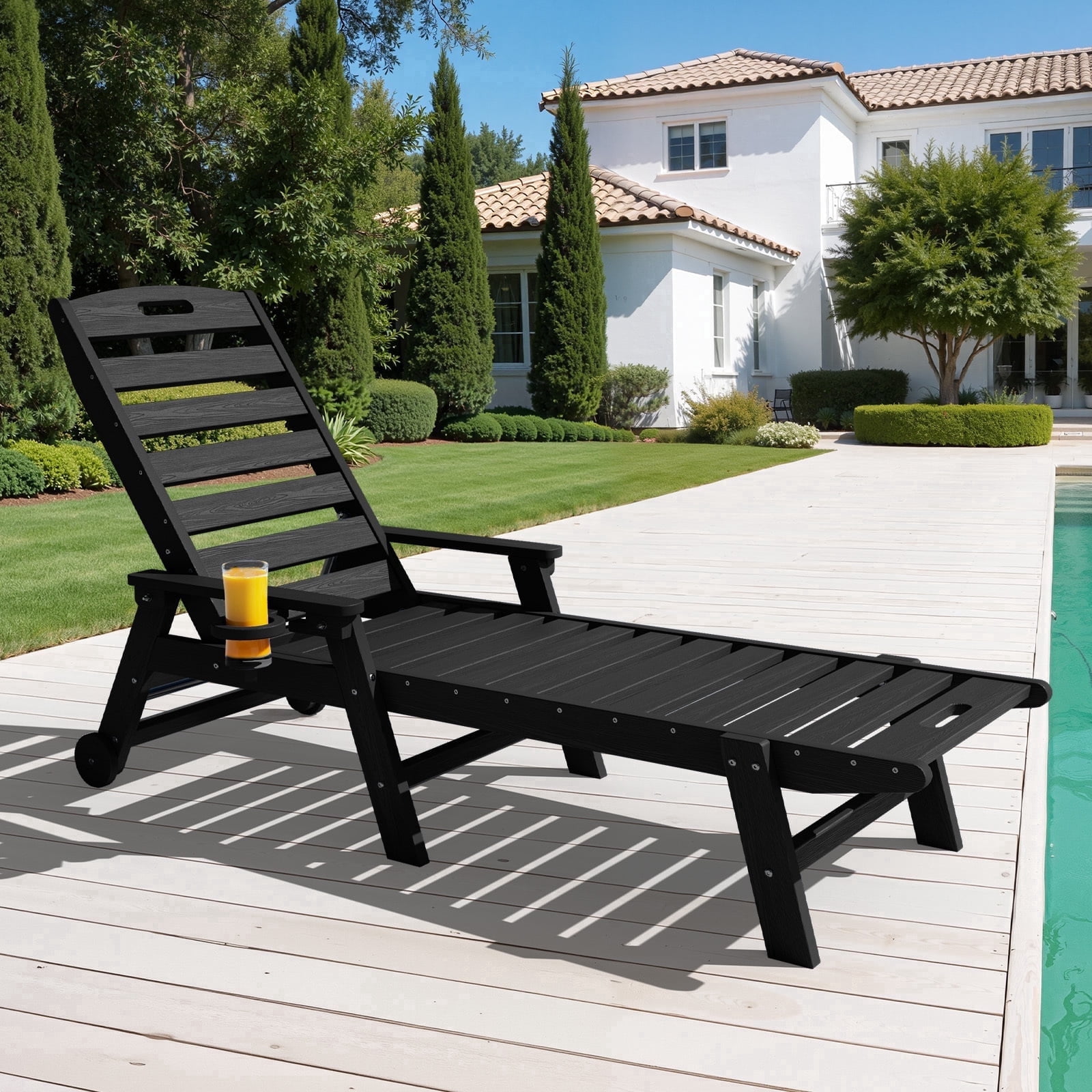 LOYALICE Adjustable Wheeled HDPE Plastic Outdoor Patio Lounge Chair W/ Cup Holder,78.3"x25.1"x16.3", Black