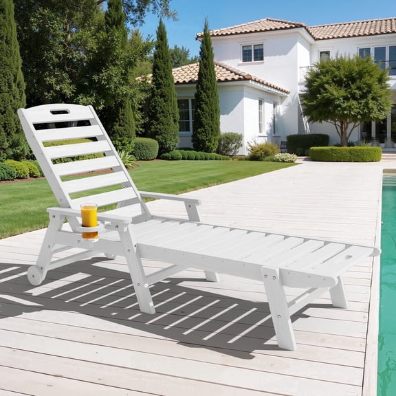 LOYALICE Adjustable Wheeled HDPE Plastic Outdoor Patio Lounge Chair W/ Cup Holder,78.3"x25.1"x16.3", White