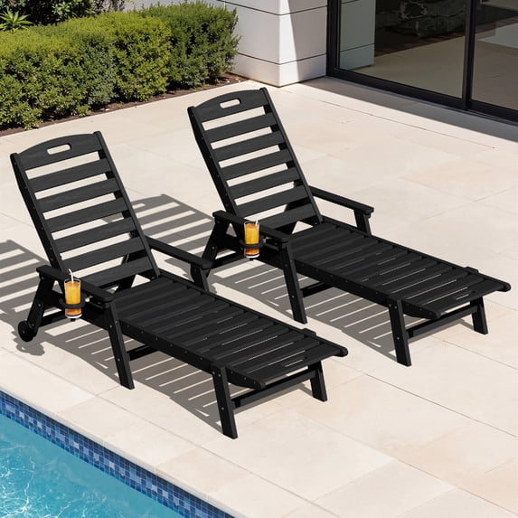 LOYALICE Adjustable Wheeled HDPE Plastic Outdoor Patio Lounge Chair set of 2, W/ Cup Holder,78.3"x25.1"x16.3", Black