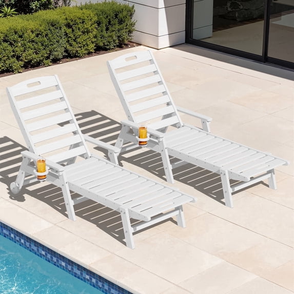 LOYALICE Adjustable Wheeled HDPE Plastic Outdoor Patio Lounge Chair set of 2, W/ Cup Holder,78.3"x25.1"x16.3", White