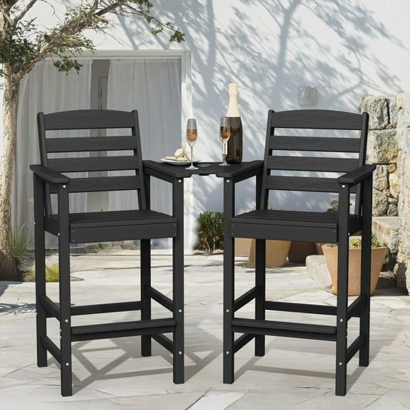 LOYALICE Balcony Chair Set of 2, Outdoor Adirondack Barstools with Connecting Tray, Black