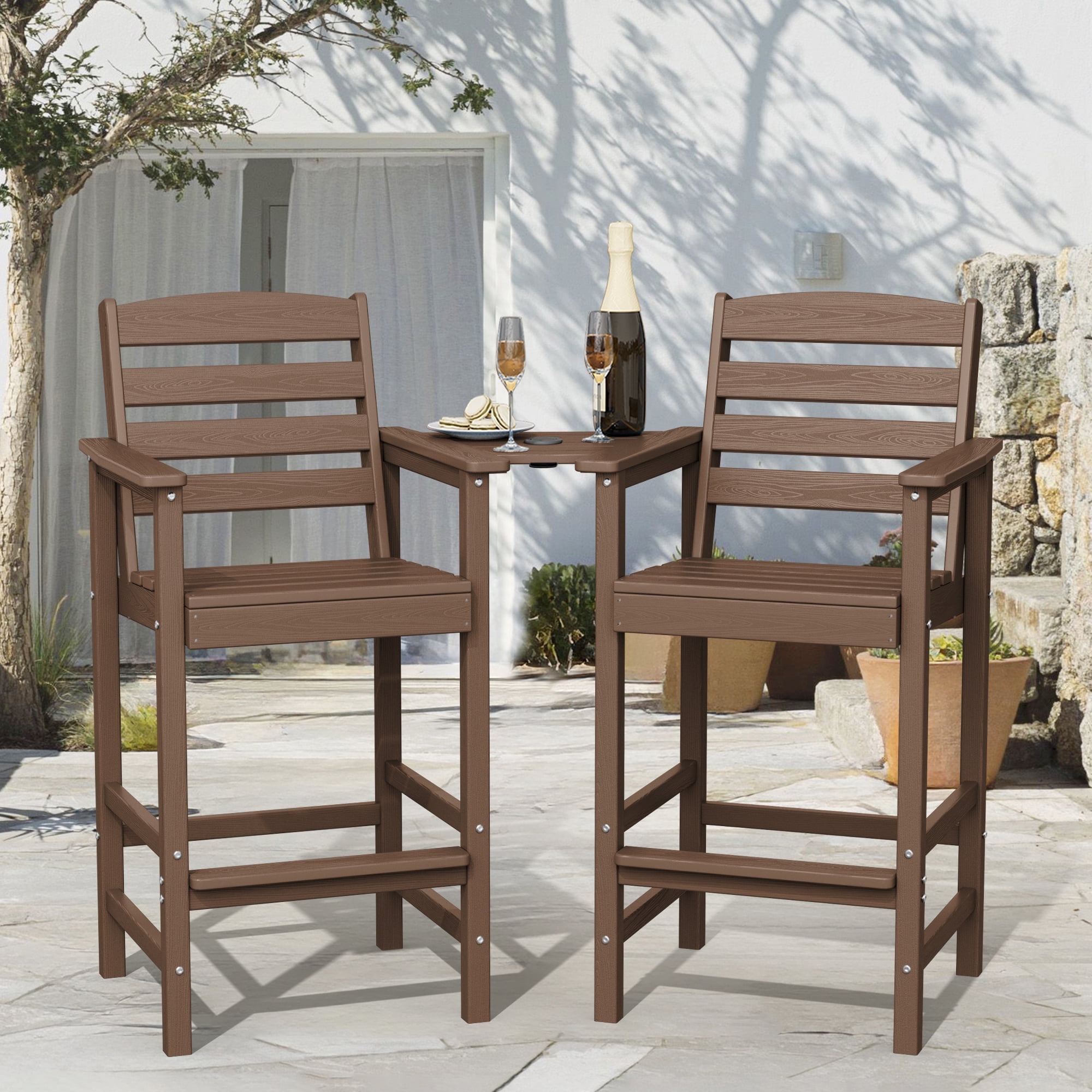 LOYALICE Balcony Chair Set of 2, Outdoor Adirondack Barstools with Connecting Tray, Brown