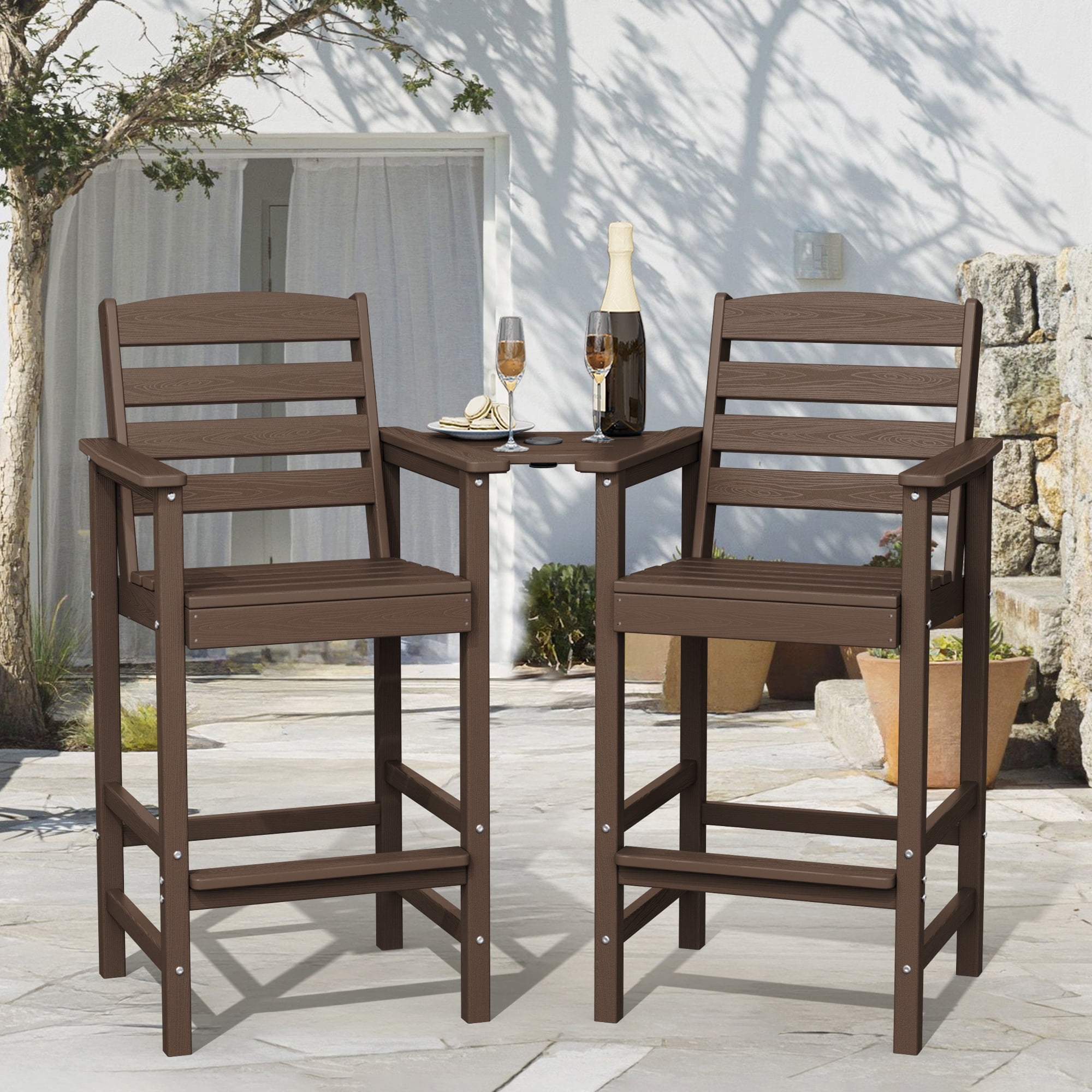 LOYALICE Balcony Chair Set of 2, Outdoor Adirondack Barstools with Connecting Tray, Coffee
