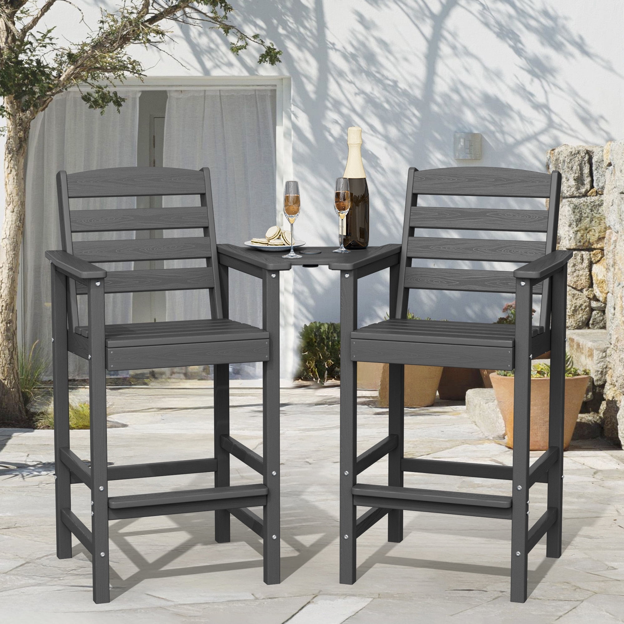 LOYALICE Balcony Chair Set of 2, Outdoor Adirondack Barstools with Connecting Tray, Gray