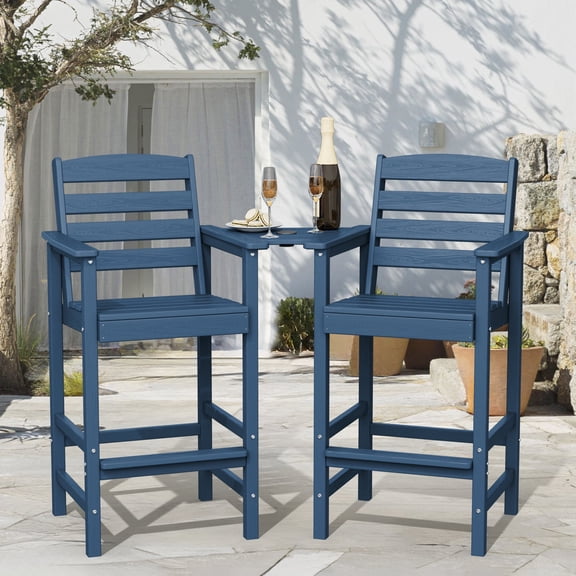 LOYALICE Balcony Chair Set of 2, Outdoor Adirondack Barstools with Connecting Tray, Navy Blue