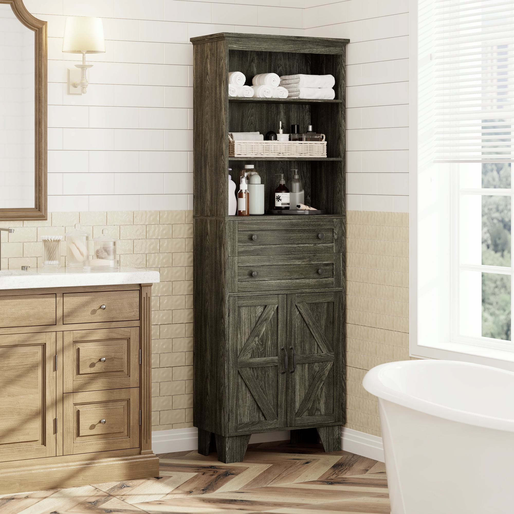 JUSTLET Bathroom Storage Cabinet, 72"H Tall Narrow Linen Tower Freestanding Adjustable Shelves for Home, Kitchen, Versatile, Anti-Tipping, Brown