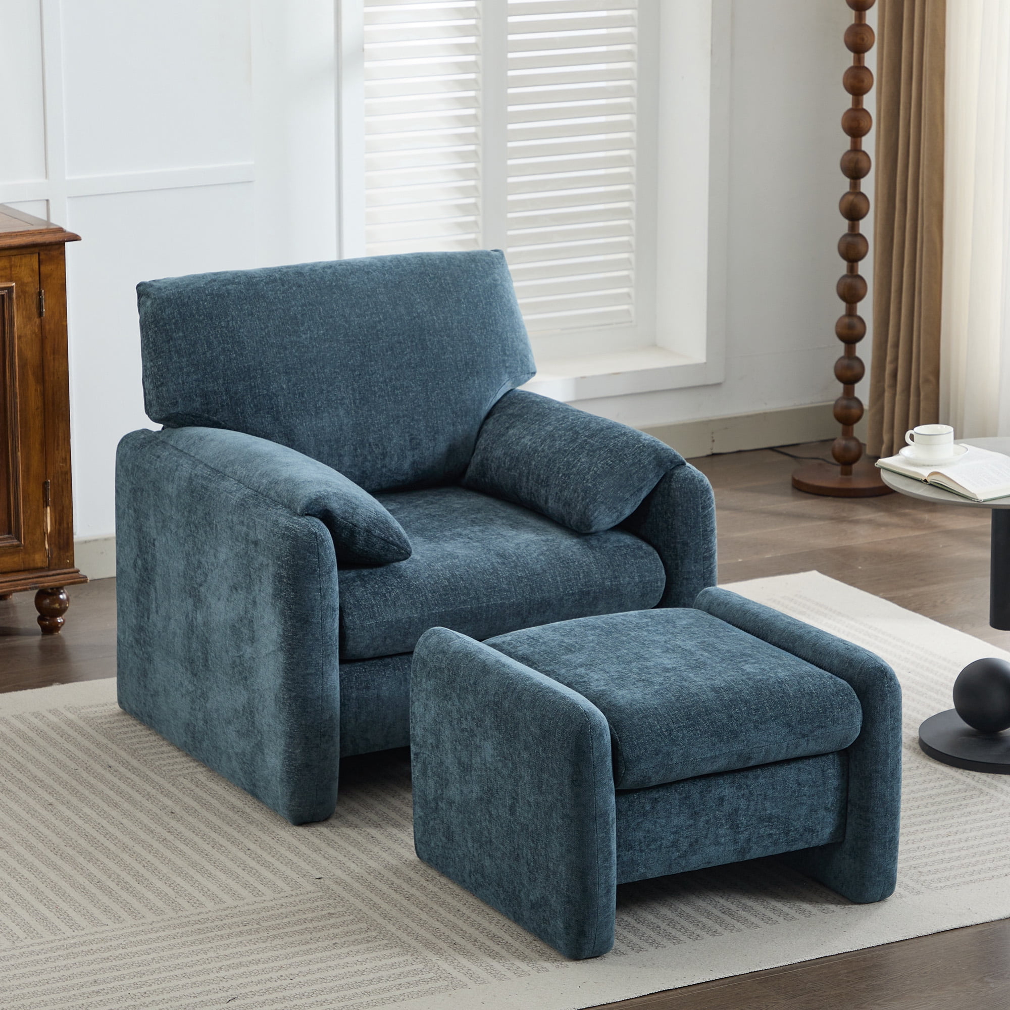 JUSTLET Chenille Accent Chair with Ottoman Set,Upholstered Armchair Comfy Sofa Chair for Living Room,Blue