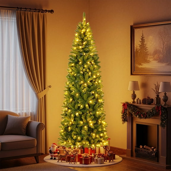 JUSTLET Christmas Tree, 7.5FT Artificial Christmas Tree W/ 1000 PVC Branch Tips, 250 Colorful LED Lights, Green