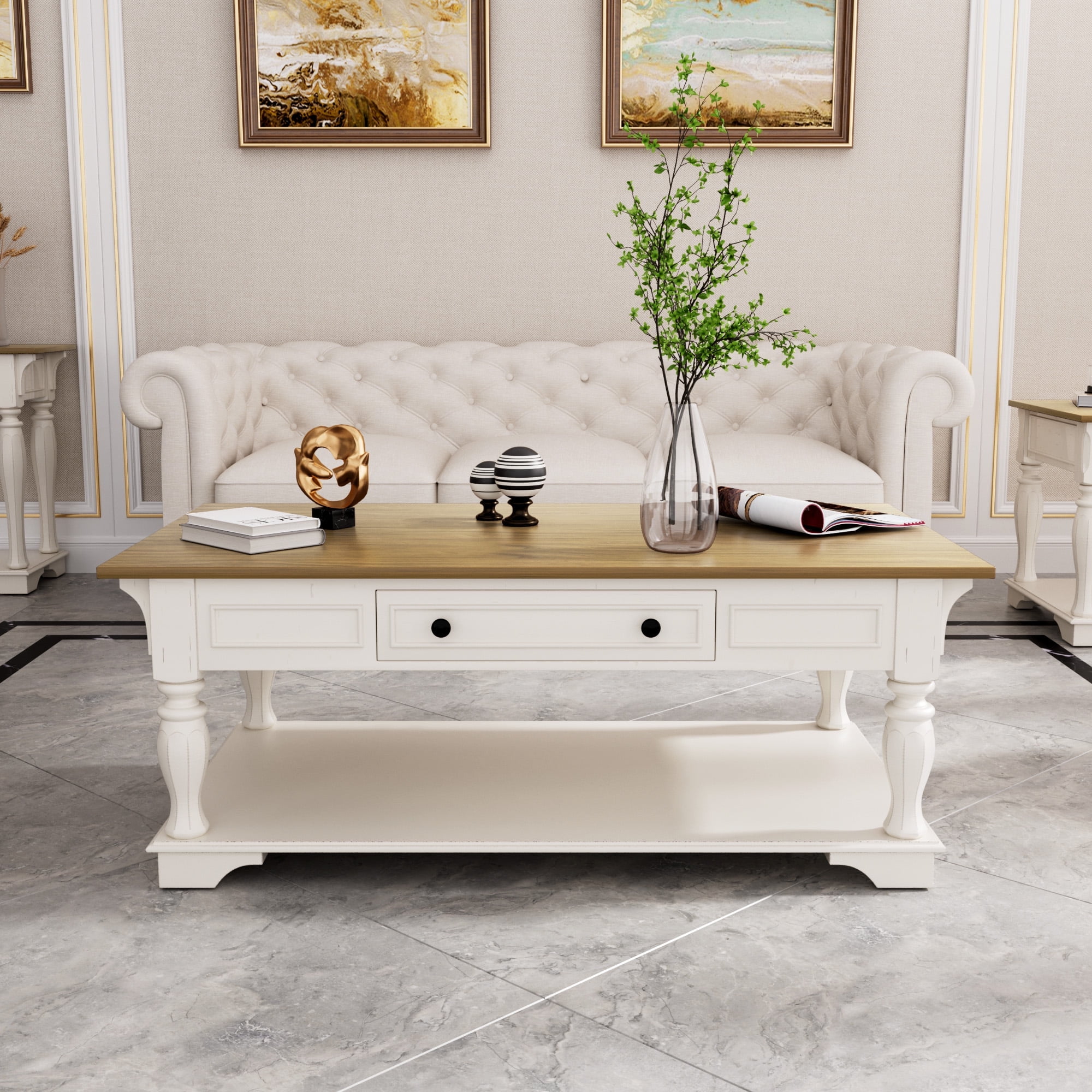 JUSTLET Coffee Table with Storage, 52" Wood Farmhouse Coffee Table with Shelf and Drawer, Solid Wood Coffee Table for Living Room Bedroom Dining Room, White + Natural
