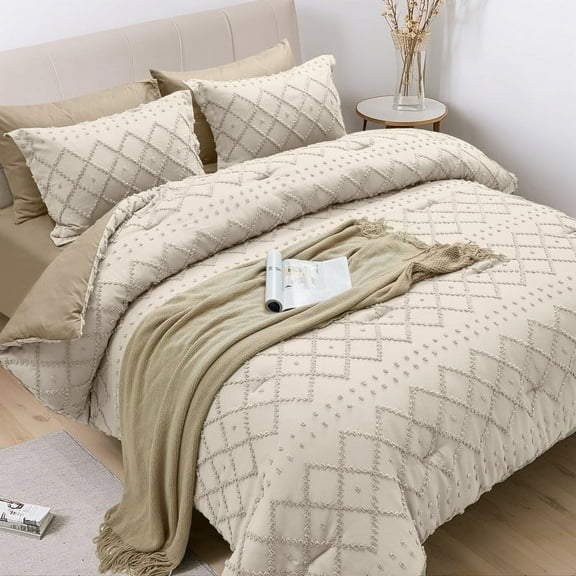 JUSTLET Comforter Set 7 Pieces Bed in a Bag, Beige Reversible Tufted Comforter and Sheet Bedding Set with Comforter, Fitted Sheet, Flat Sheet, Pillow Shams, Pillowcases, King