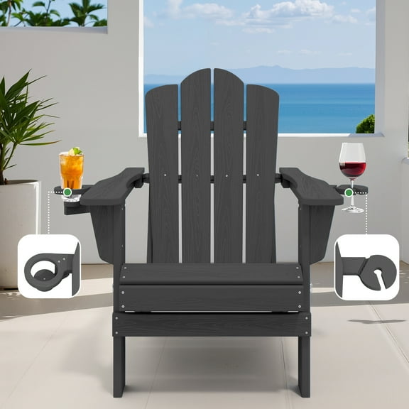 JUSTLET Outdoor Patio Folding HDPE Resin Adirondack Chair with Double Cup Holder, Gray