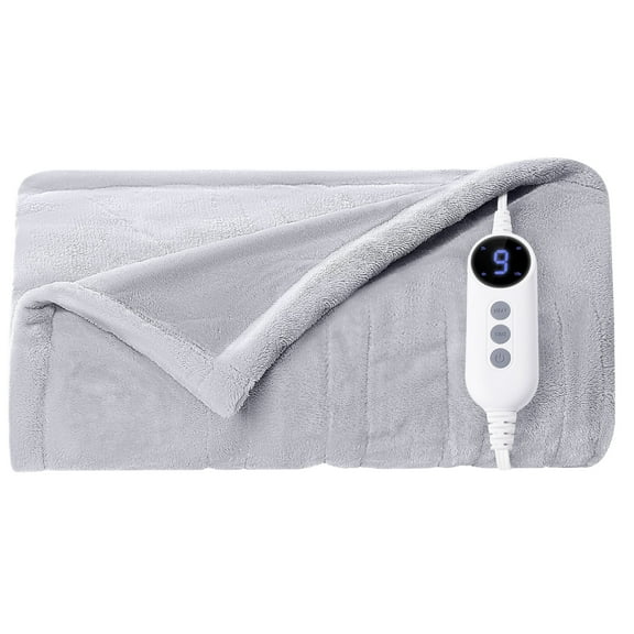JUSTLET Heated Blanket Throw, 50"x60" Double-sided Flannel Electric Blanket, 9 Heat Levels & 2-10 Hours Auto shut-off, over-heat protection, machine washable, Light Grey
