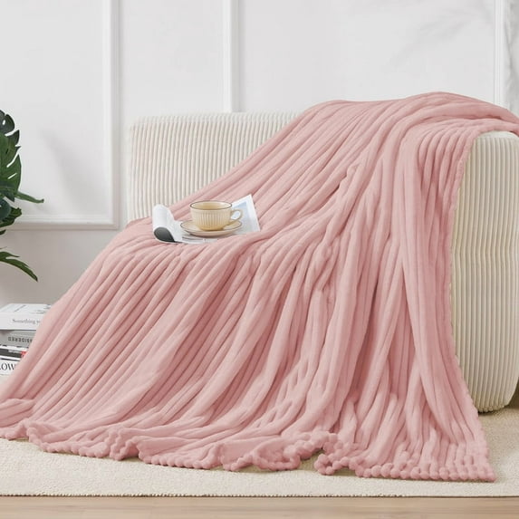 JUSTLET Fleece Throw Blanket for Sofa, Couch-Super Soft & Warm Bed Fluffy Throw, Lightweight Striped Cozy Bed Blanket All Season Use, Pink, 60"*80"