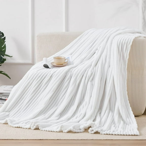 JUSTLET Fleece Throw Blanket for Sofa, Couch-Super Soft & Warm Bed Fluffy Throw, Lightweight Striped Cozy Bed Blanket All Season Use, White, 50"*60"
