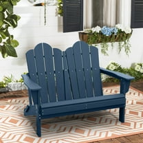 JUSTLET Folding Adirondack Loveseat, HDPE All-Weather,Outdoor Plastic Patio Chairs for Deck Lawn Fire Pit, Weather Resistant, Wood Texture, Navy