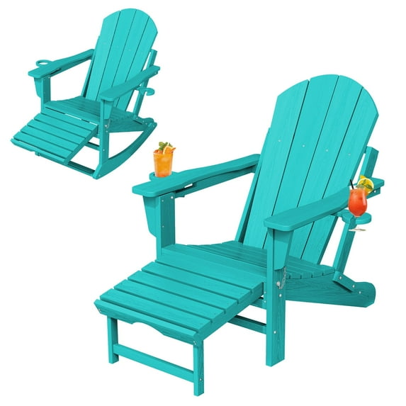 JUSTLET Folding Adirondack Rocking Chair,4-in-1 Multifunctional Patio Chair with Retractable Ottoman for Porch, Backyard, Pool(Peacock Blue)