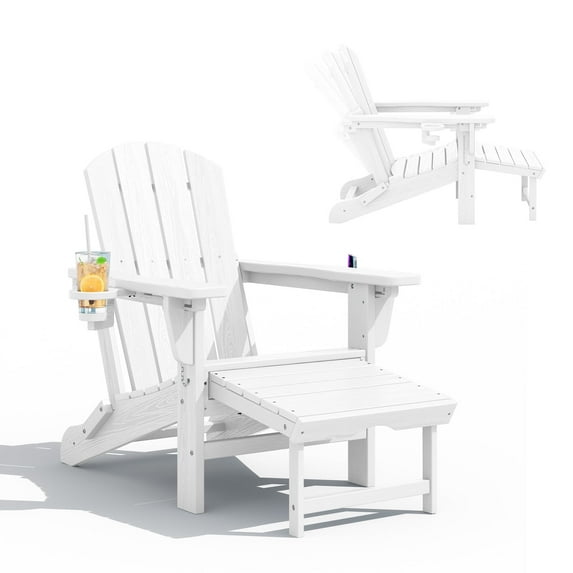 JUSTLET Folding Adjustable Adirondack Chair with Retractable Ottoman, HDPE Weatherproof Material with Double Cup Holder, White