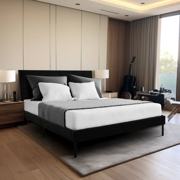 JUSTLET Full Bed Frame, Upholstered Platform Bed Frame with Headboard No Box Spring Needed, Black