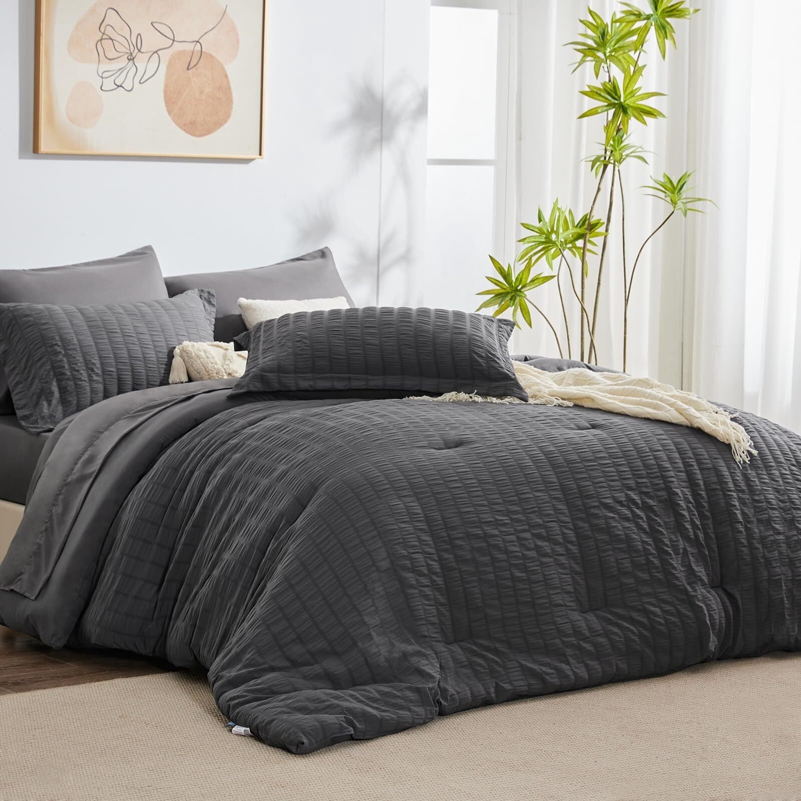 JUSTLET Full Seersucker Comforter Set with Sheets Dark Grey Bed in a Bag 5-Pieces All Season Bedding Sets with Comforter, Pillow Sham, Flat Sheet, Fitted Sheet, Pillowcase