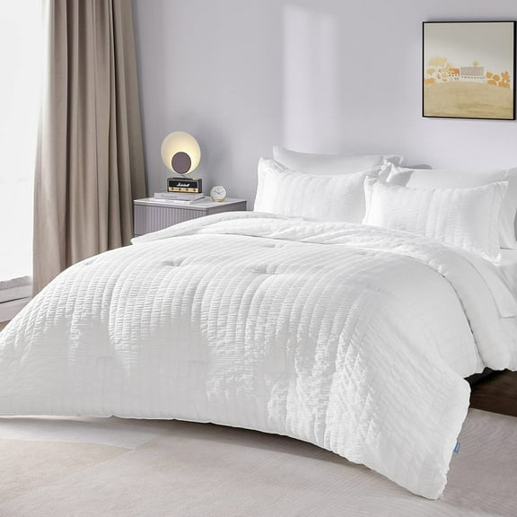 JUSTLET Full Seersucker Comforter Set with Sheets White Bed in a Bag 7-Pieces All Season Bedding Sets with Comforter, Pillow Sham, Flat Sheet, Fitted Sheet, Pillowcase
