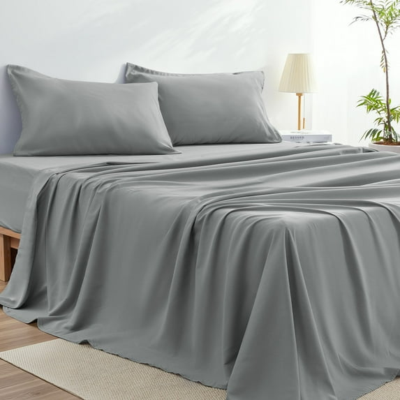 JUSTLET Full Size 4 Pieces Soft Bedding Sheet Set Includes 1 Flat Sheet, 1 Fitted Sheet, 2 Pillow Cases, Breathable Cooling Beddiing with Extra Deep Pocket, Light Grey