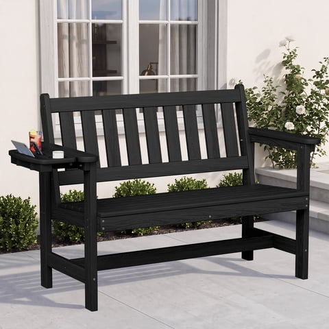 LOYALICE HDPE 49" 2-Person Outdoor Bench with 4-in-1 Multi Side Tray, Weather-Resistant Park Bench with Wide Armrests & Backrest for Garden, Porch, Park, Black