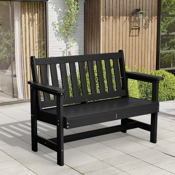 LOYALICE HDPE 48.8" 2-Person Weather-Resistant Park Bench for Outdoor Use, with Wide Armrests and Backrest, Suit for Garden, Porch and Park, Black