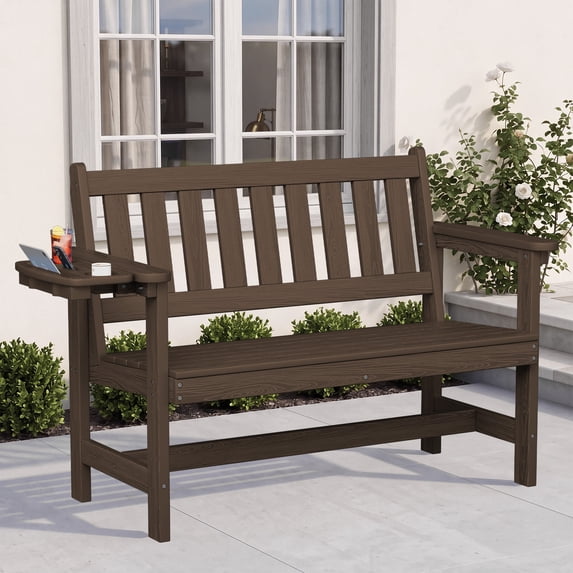 LOYALICE HDPE 49" 2-Person Outdoor Bench with 4-in-1 Multi Side Tray, Weather-Resistant Park Bench with Wide Armrests & Backrest for Garden, Porch, Park, Coffee