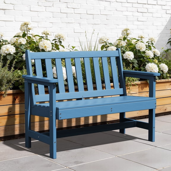 LOYALICE HDPE 48.8" 2-Person Weather-Resistant Park Bench for Outdoor Use, with Wide Armrests and Backrest, Suit for Garden, Porch and Park, Navy Blue