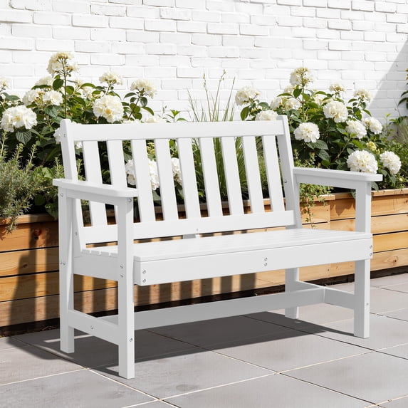 LOYALICE HDPE 48.8" 2-Person Weather-Resistant Park Bench for Outdoor Use, with Wide Armrests and Backrest, Suit for Garden, Porch and Park, White