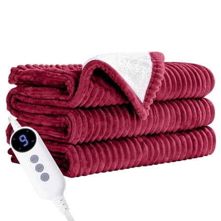 JUSTLET Heated Blanket Electric Throw, 50"x60" Heating Blanket Throw, 9 Heat Levels & 2-10 Hours Auto-Off Over-Heat Protection, Ribbed Flannel to Sherpa, Machine Washable, Red