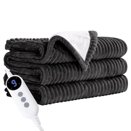 JUSTLET Heated Blanket Electric Throw, 50"x60" Heating Blanket Throw, 9 Heat Levels & 2-10 Hours Auto-Off Over-Heat Protection, Ribbed Flannel to Sherpa, Machine Washable, Gray