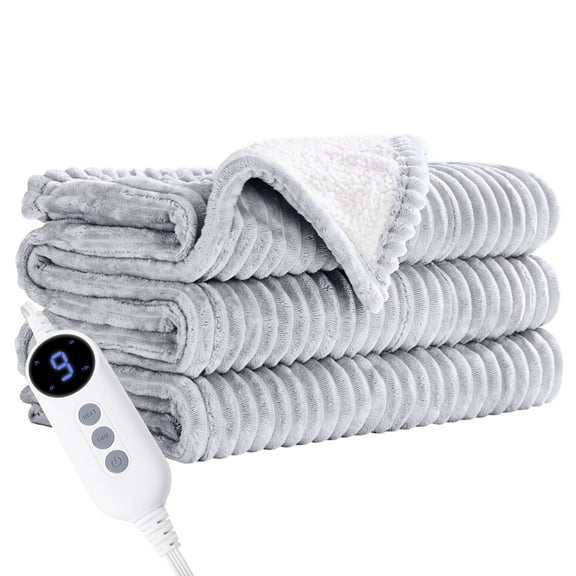 JUSTLET Heated Blanket Electric Throw, 50"x60" Heating Blanket Throw, 9 Heat Levels & 2-10 Hours Auto-Off Over-Heat Protection, Ribbed Flannel to Sherpa, Machine Washable, Light Grey