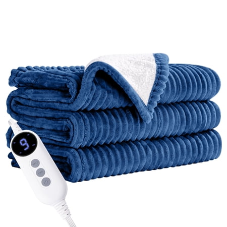JUSTLET Heated Blanket Electric Twin, 62"x84" Heating Blanket Throw, 9 Heat Levels & 2-10 Hours Auto-Off Over-Heat Protection, Ribbed Flannel to Sherpa, Machine Washable, Navy