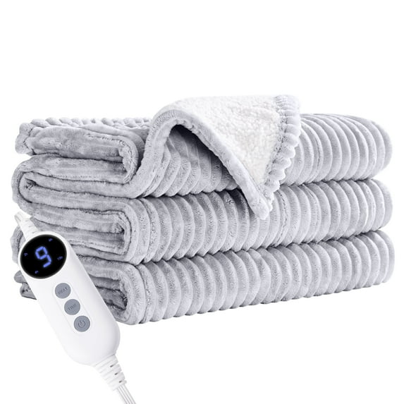 JUSTLET Heated Blanket Electric Twin, 62"x84" Heating Blanket Throw, 9 Heat Levels & 2-10 Hours Auto-Off Over-Heat Protection, Ribbed Flannel to Sherpa, Machine Washable, Light Gray