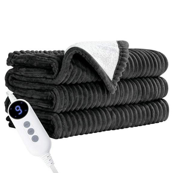 JUSTLET Heated Blanket Electric Twin, 62"x84" Heating Blanket Throw, 9 Heat Levels & 2-10 Hours Auto-Off Over-Heat Protection, Ribbed Flannel to Sherpa, Machine Washable, Gray