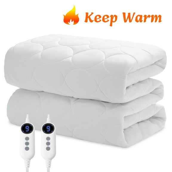 JUSTLET Heated Mattress Pad Queen Size with Dual Control 9 Heated Settings, Zone Heating Electric Mattress Pad, Auto Shut Off 2-10 Hours, Machine Washable, White