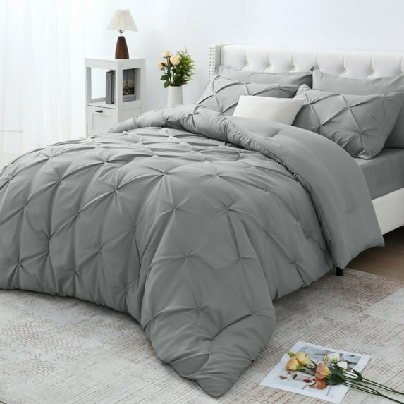 JUSTLET King Size Comforter Set, 7 Pieces Bed in a Bag for All Season, Pintuck Bedding Comforter Sets with Comforter, Flat Sheet, Fitted Sheet, Pillowcases and Pillowshams, Light Grey