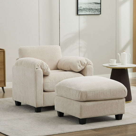 JUSTLET Lounge Chair with Ottoman, Corduroy Accent Armchair Single Sofa for Living Room Bedroom Reading Room, Beige