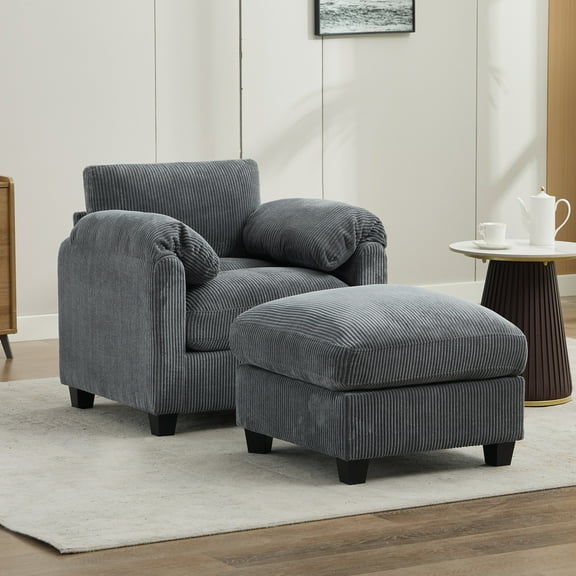 JUSTLET Lounge Chair with Ottoman, Corduroy Accent Armchair Single Sofa for Living Room Bedroom Reading Room, Dark Gray
